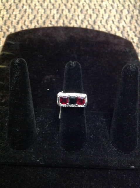Silver Ring w/Red Beads & Rhinestones
