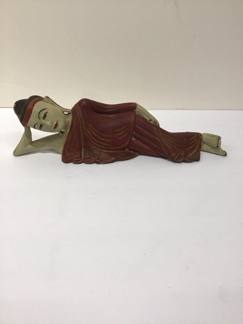 11" Wood Carved Reclining Buddha