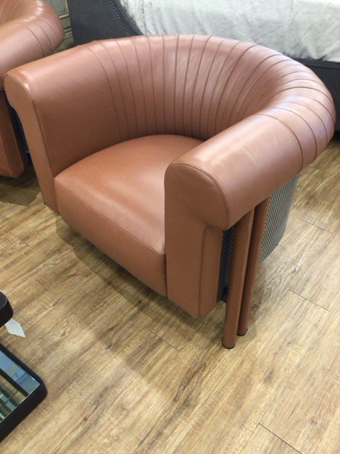 AS-IS Brown Leather & Metal Barrel Chair(Scuffs/Marks)