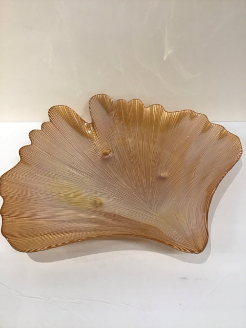 16" Gold Reeded Art Glass Ginko Leaf Dish