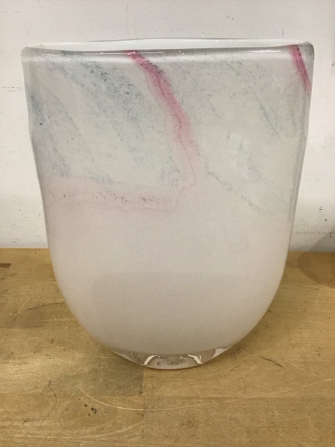 10" Oval White Aqua & Pink Swirl Vase