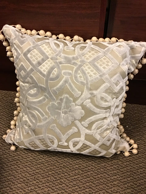 22" Cream Velvet Ornate Beaded Tassle Pillow
