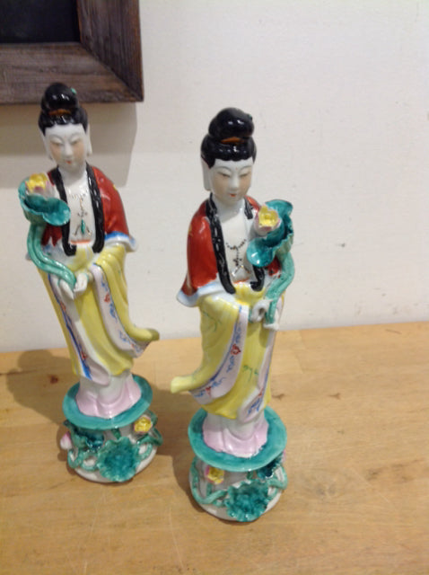 12" Asian Pair Of Porcelian Female Statues