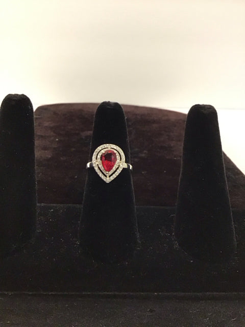 Silver Ring w/Red Pear Shape Stone
