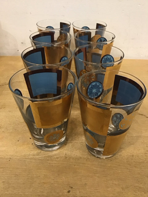 Set Of 8 3.5" Vintage Blue/ Gold Glasses
