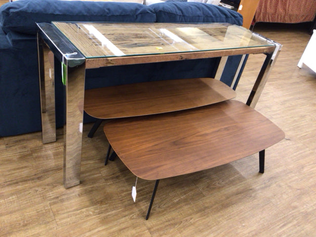 18" X 60" Reclaimed Railway Wood & Chrome Glass Top Console Table