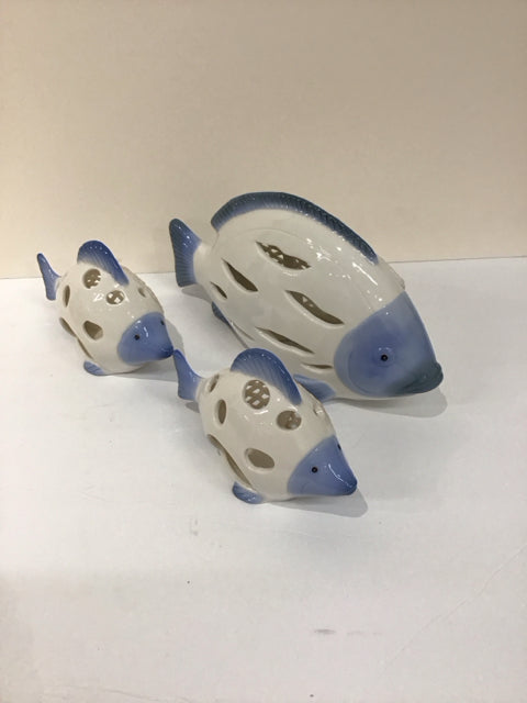 Set/3 Blue/White Ceramic Reticulated Fish