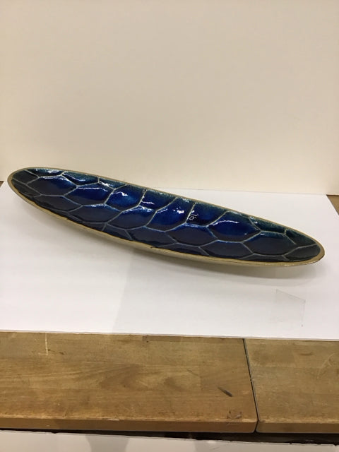 25" Gold Metal Tray w/Blue Enamel Honeycomb Design