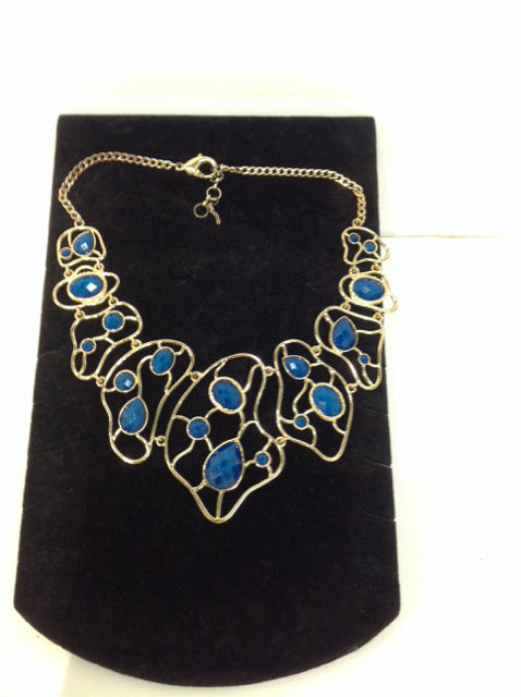 Gold Metal Abstract Necklace w/Blue Beads