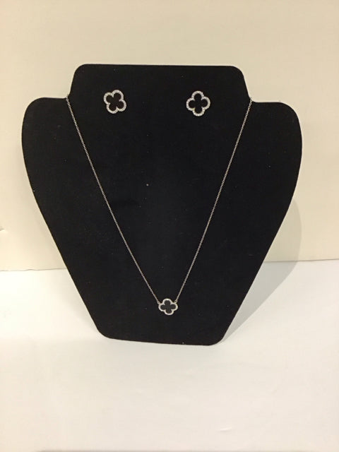 Van Cleef Style 925 Pave/Onyx Necklace Earrings Set