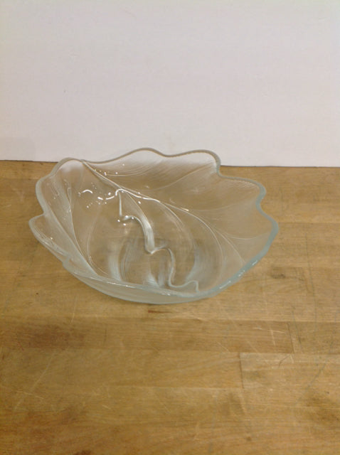 11" Carved Glass Leaf Shaped Bowl