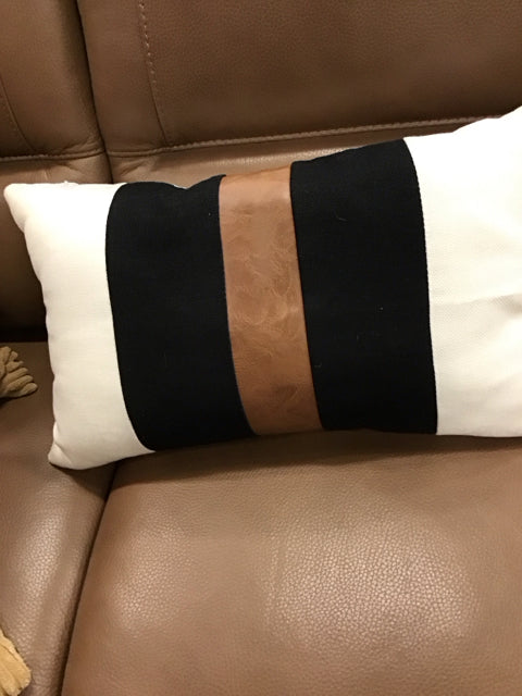 Black Cream & Faux Leather Strip Pillow