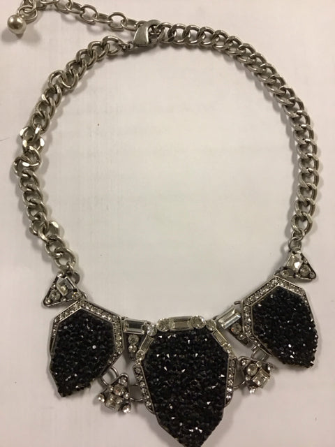 Vintage Silvertone Link W/Black Rhinestone Necklace