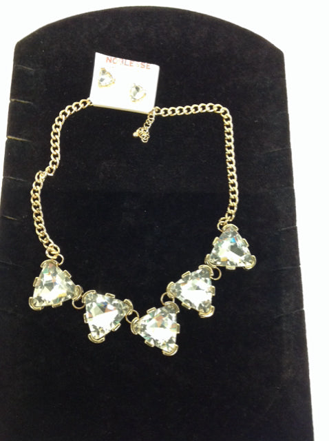 Gold Necklace w/Rhinestones + Earrings