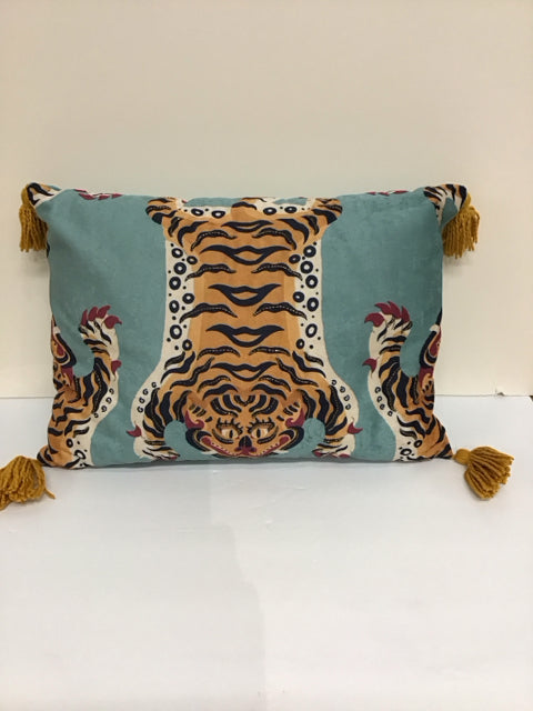 Teal Pillow w/Tiger & Tassels