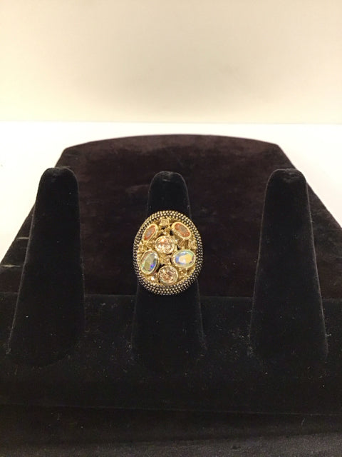 Gold Oval Ring w/Multicolor Rhinestones