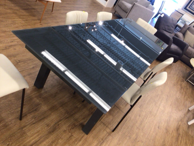 AS-IS Grey Glass Extension Metal Base Dining Table