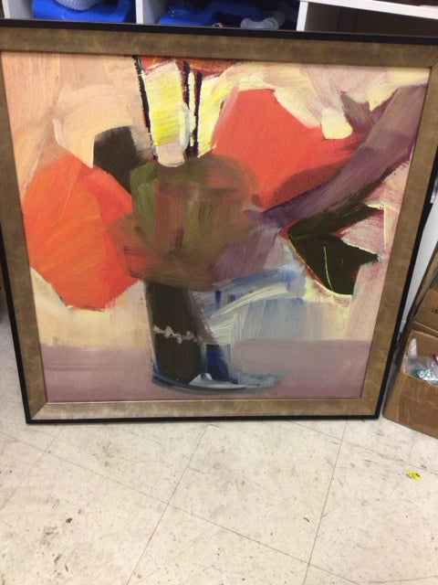 33" Square RTG Gold Frame Cherry Floral Abstract Print On Canvas