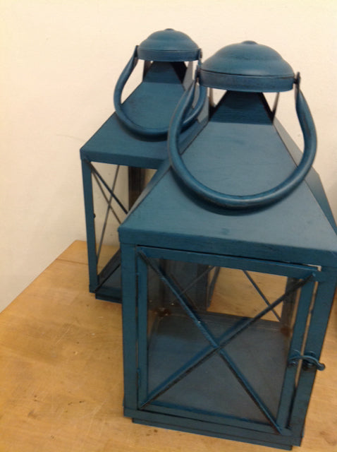 20" Set Of 2 Blue & Glass Lanterns