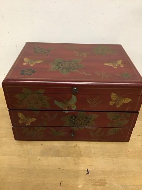 14" Wx9" H Red Painted Wood Floral Jewelry Box