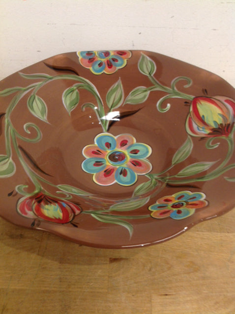 Bowl- 15" Painted Floral Glass