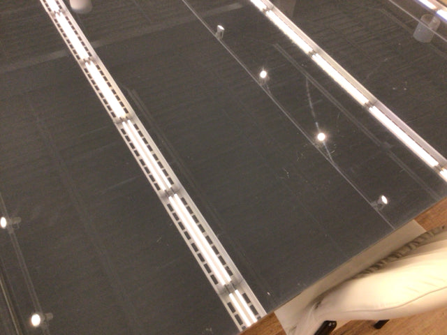 AS-IS Grey Glass Extension Metal Base Dining Table