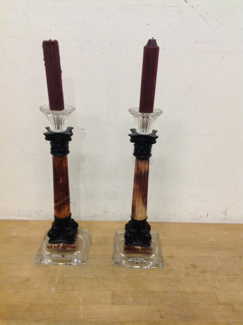 15" Pair Column Candle Sticks w/Glass Base