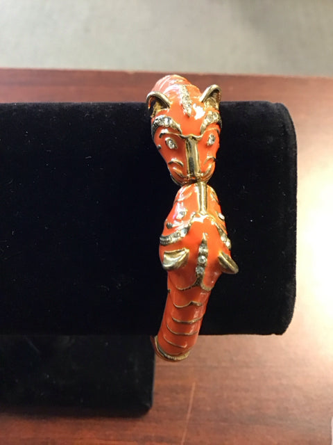 Vintage Goldtone Orange Enamel Tiger Bangle Stretch Bracelet
