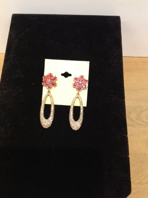 Pink Flower w/Rhinestones Dangle Earrings