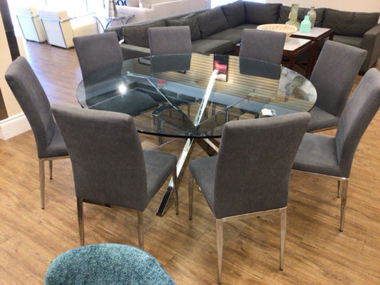 Set Of 8 Grey & Chrome Fabric Dining Chairs