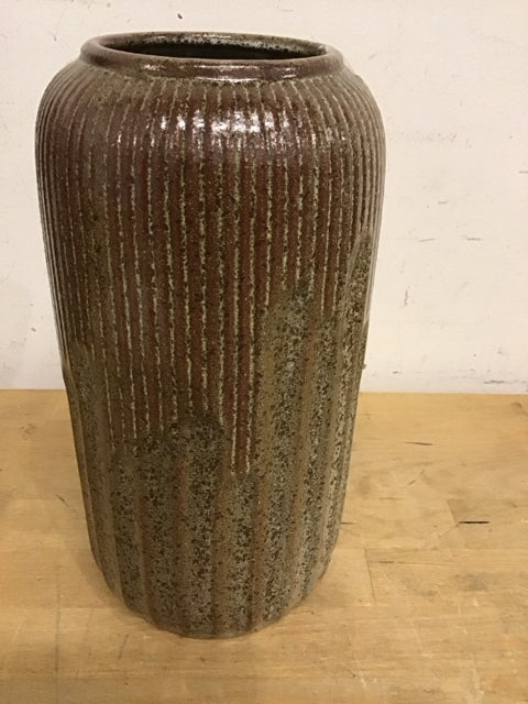 11" Brown &Taupe Ribbed Ceramic Vase
