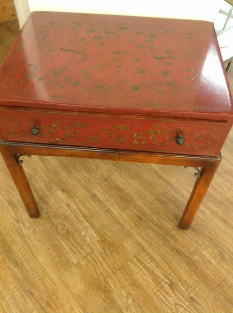 Red Painted Gold Floral. 1 Drawer Accent Table