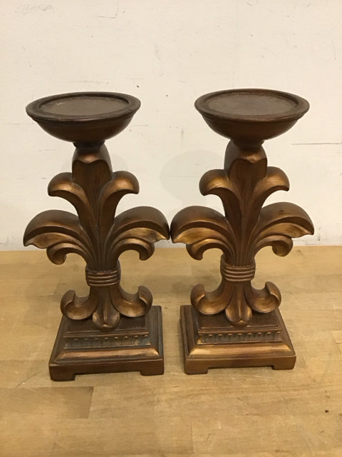 Pair Of 12" Fleur De Lis Bronxe Colored Candle Holder