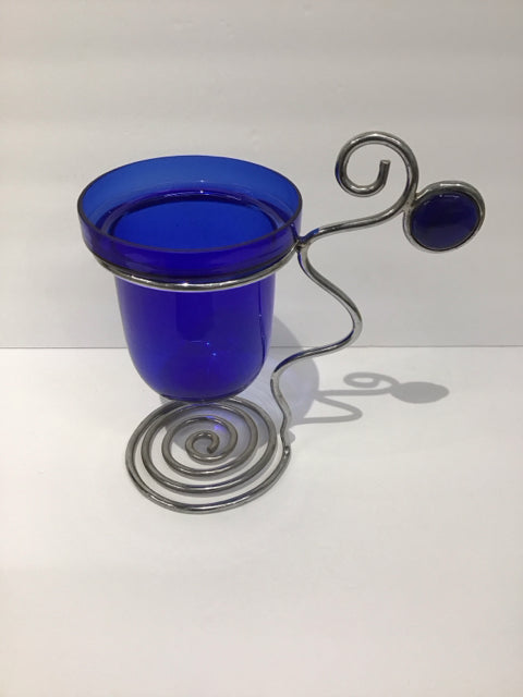 Blue Glass Candle Holder in Metal Stand