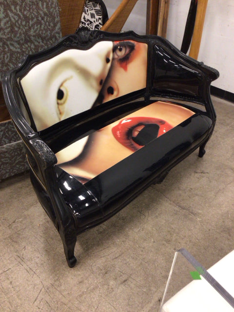AS-IS Black Lacqured Vinyl Framed Face Print Settee(Damage To Back/Trim Loose)