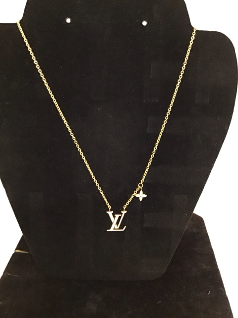LV Style Gold Necklace w/Pink Enamel