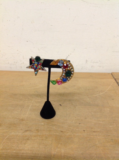 Rhinestone Moon and Star Clip Earrings