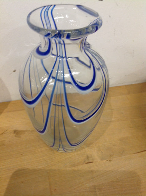 Vase- 10" Blue & White Glass