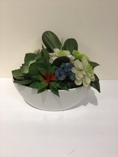 Faux Succulents In Oval Ceramic Planter