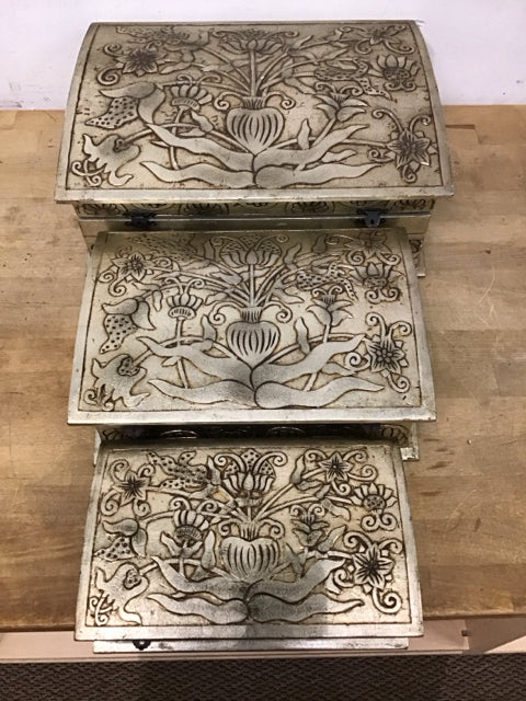 AS IS Set Of 3 Nesting Decorative Silvertone Carved Boxes