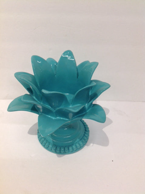 8" Aqua Resin Lotus Blossom Candle Holder