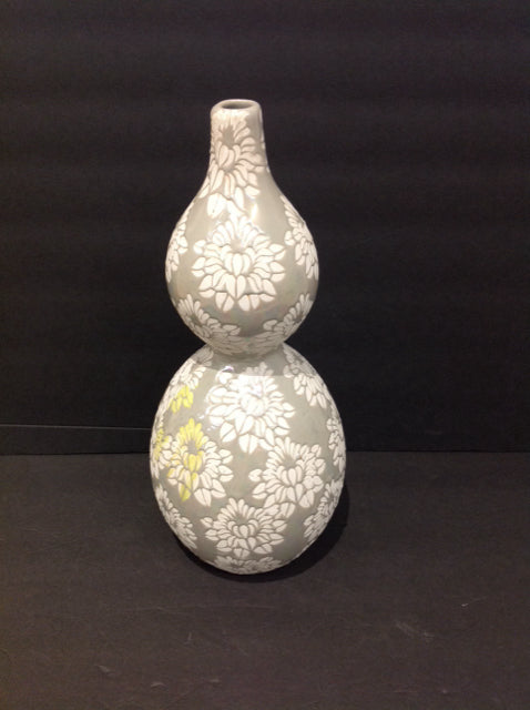 13" Grey/White Ceramic Vase w/Raised Flowers