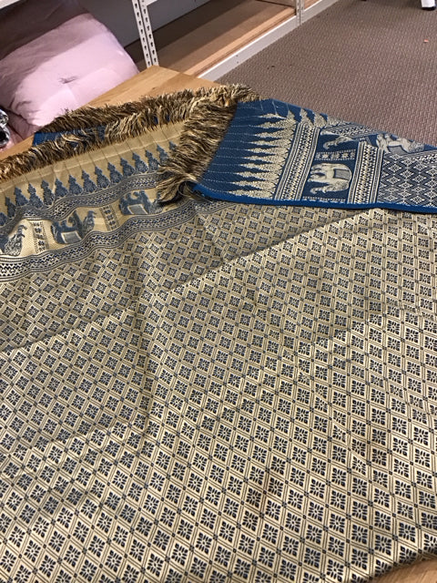 Blue Silk w/Gold Elephants Throw w/Fringe