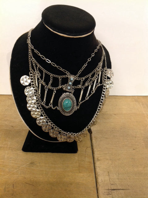 Multi-Strand Silver Necklace w/Stone Pendant