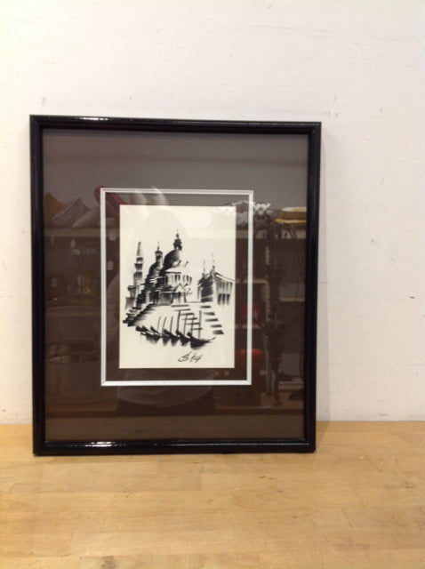 17"x20" Framed B84 Charcoal on Paper European Cityscape