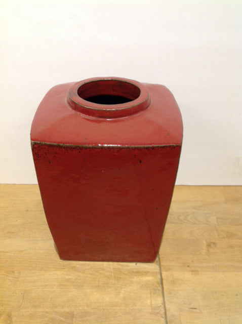 13" Square Red Glazed Ceramic Vase