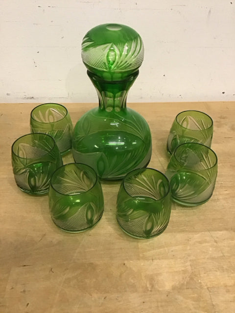 Set Of 7 Vintage Green Cut Glass Decanter & 6 Glasses