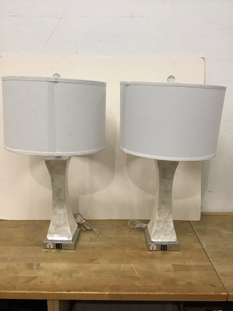 Pair White Shell Column Lamps w/Drum Shades