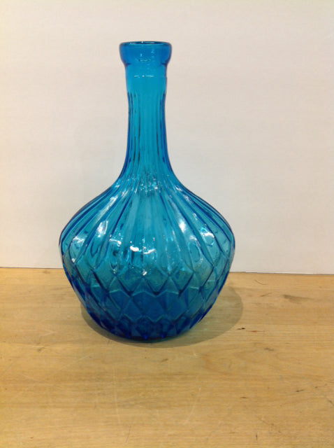 10" Carved Blue Glass Narrow Top Vase