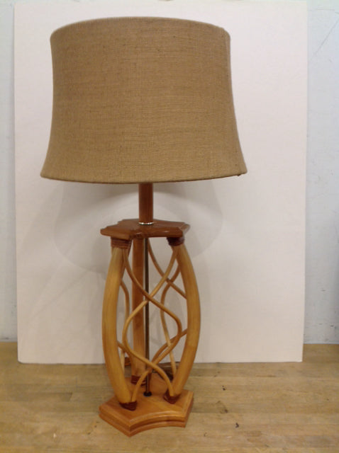 32" Vtg Bamboo Lamp w/Burlap Shade